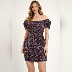 Elegant Off-Shoulder Black Sparkle Pink Pattern Dress